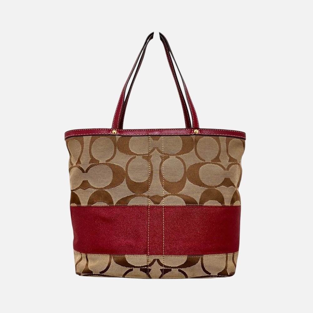 Coach Signature Stripe Tote Bag Canvas Burgundy Leather Y2K Vintage 10124 - Picture 5 of 8